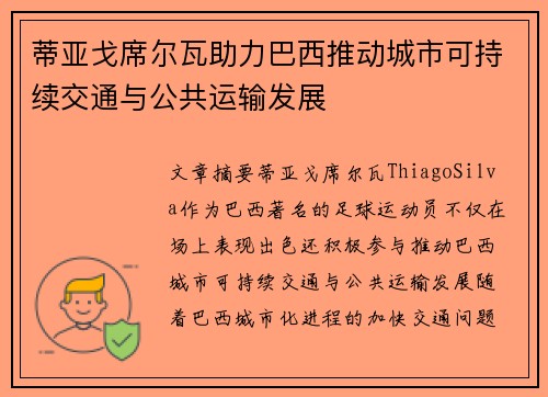 蒂亚戈席尔瓦助力巴西推动城市可持续交通与公共运输发展